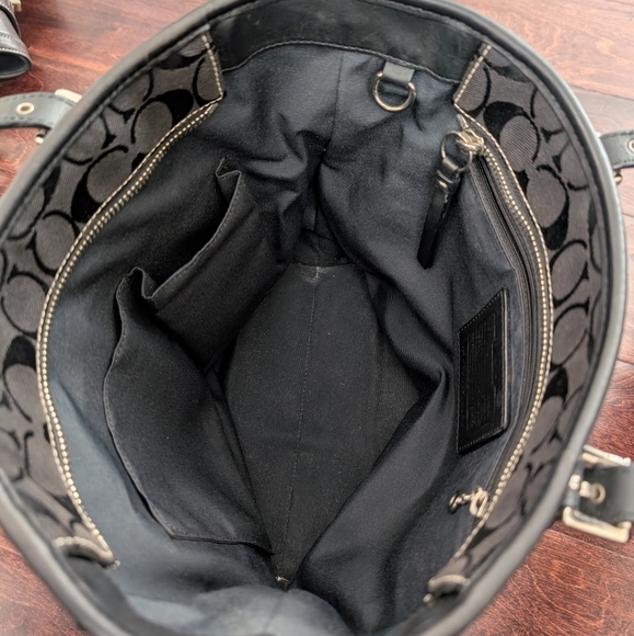 Coach Black signature Jacquard Leather Trim Tote Handbag . - Picture 2 of 5